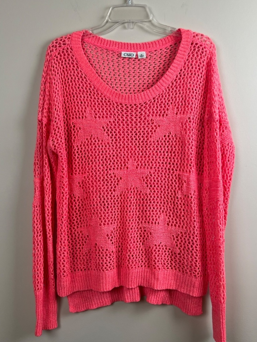 CATO Crochet Knit Sweater Size XL Coral Pullover Star Design Long Sleeve Scoop